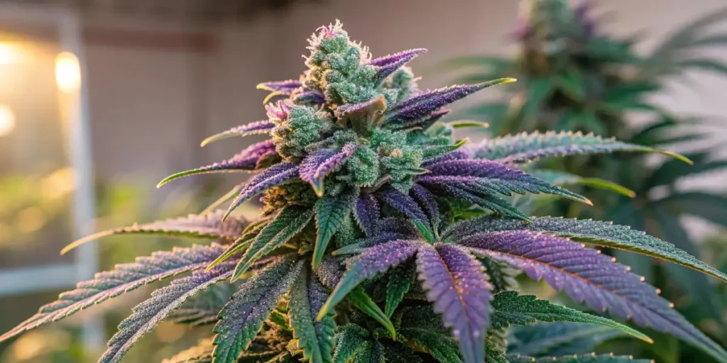 Frosty purple cannabis flower with green leaves growing indoors under artificial light.