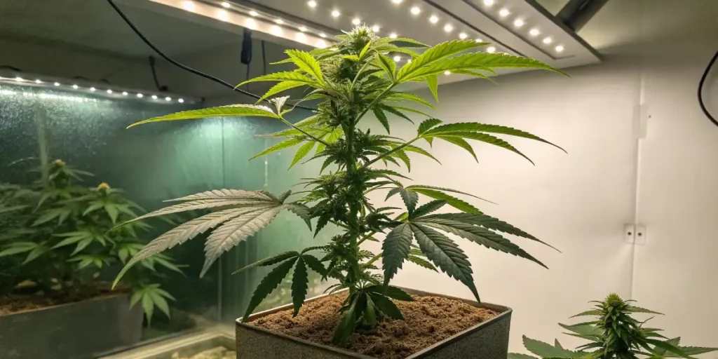Cannabis plant growing under LED lights with vibrant green leaves and developing buds.