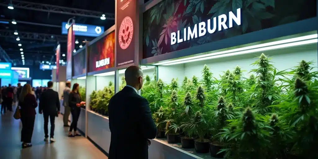 Visitor examines top cannabis strains at Blimburn’s stand during Cannafest 2023 under bright display lights.