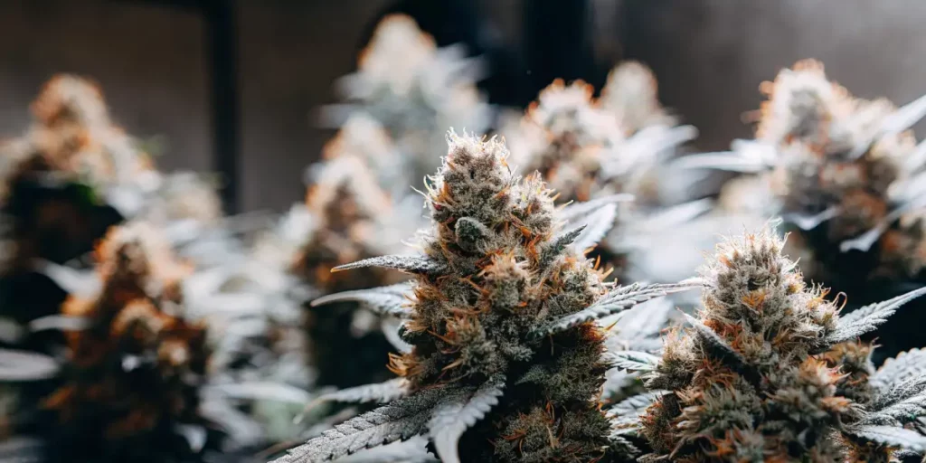 Multiple frosty cannabis buds with orange pistils growing under natural lighting in a grow room.