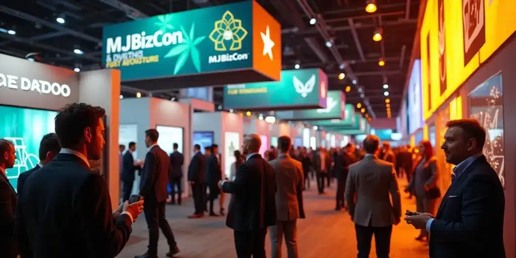 Attendees networking at MJBizCon 2024, with various booths and "MJBizCon" banners and logos in a convention hall.