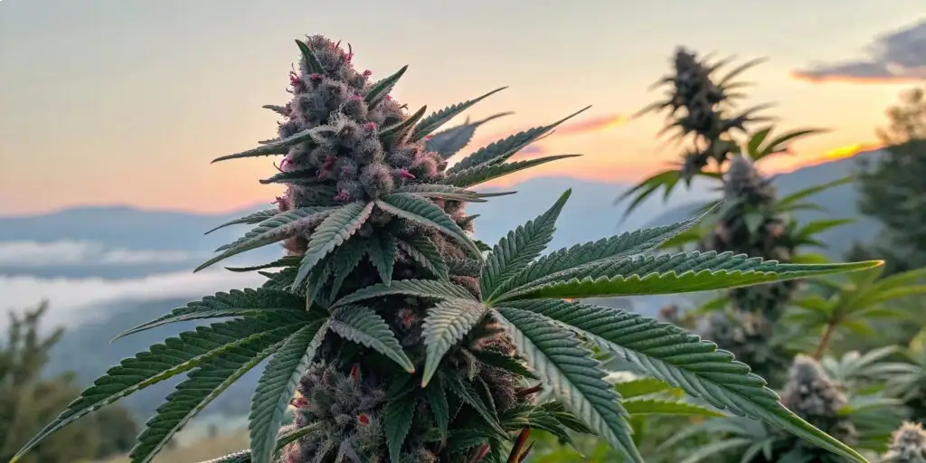 Outdoor cannabis plant with purple buds and leaves, backlit by a sunset sky.