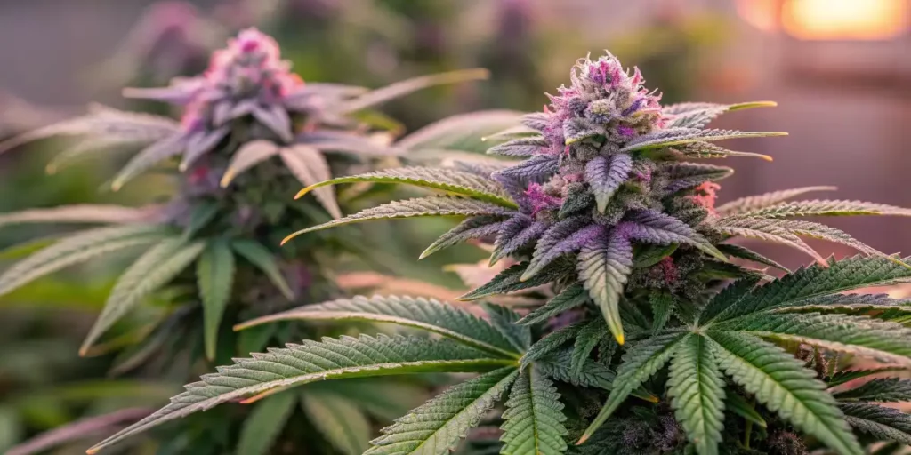 Dense purple cannabis bud covered in trichomes, with vibrant green and violet leaves under a warm sunset light.