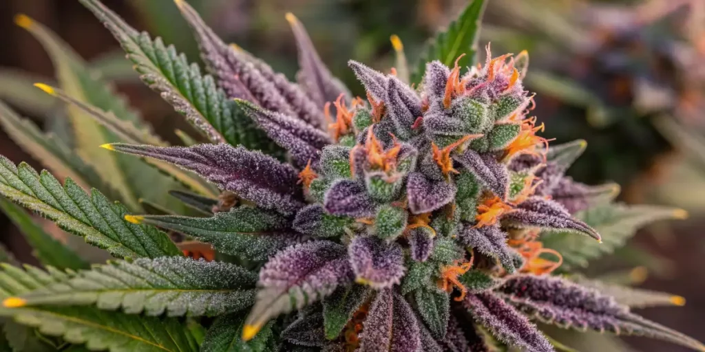 Purple cannabis flower with frosty trichomes and vibrant orange hairs on green leaves.