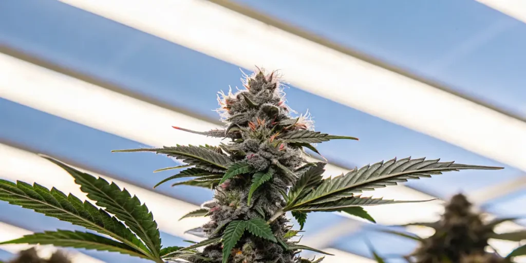 Hyper-realistic close-up of a frosty Reeze McFlurry cannabis bud with white pistils and dark leaves, under bright overhead lights.