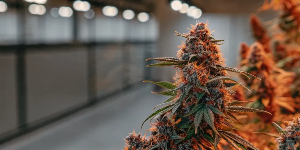 Hyper-realistic close-up of a dense orange-hued Reeze McFlurry cannabis bud with dark leaves, under bright indoor grow lights.