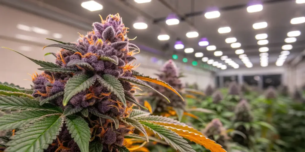 Hyper-realistic close-up of a vibrant purple Reeze McFlurry cannabis bud with orange pistils, under indoor grow lights.