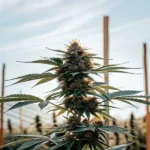 Hyper-realistic Super Lemon Haze cannabis plant with buds in an outdoor farm, with poles and bright sky.