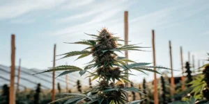 Hyper-realistic Super Lemon Haze cannabis plant with buds in an outdoor farm, with poles and bright sky.