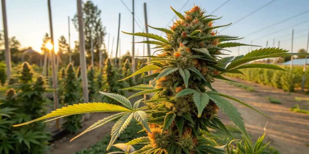 Hyper-realistic Super Lemon Haze cannabis plant with dense, orange-tinged buds in an outdoor field at sunset.