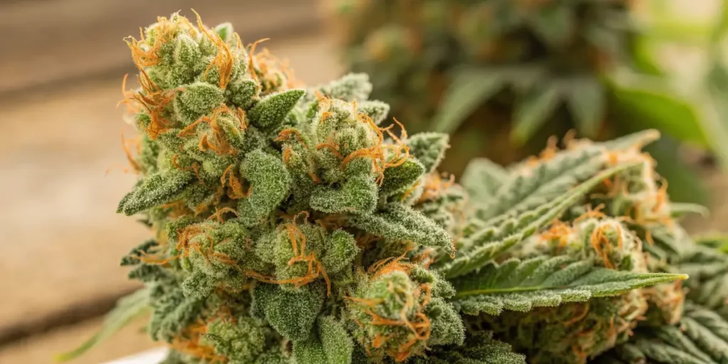 Dense cannabis flower with orange hairs and frosty trichomes under natural light.