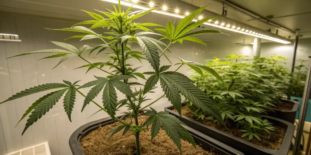Young cannabis plant with large green leaves in a well-lit indoor grow room.