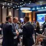 Business professionals networking at a conference with a presentation screen in the background