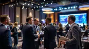 Business professionals networking at a conference with a presentation screen in the background