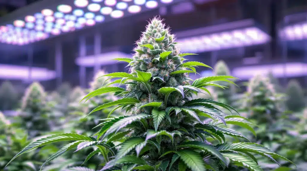 Cannabis plant with bright green and orange buds in a well-lit indoor grow room.