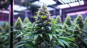 Cannabis plant with vibrant purple buds and lush green leaves under LED grow lights.