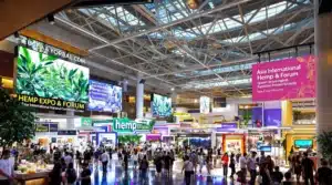 Asia International Hemp Expo showcasing booths and banners in a convention center