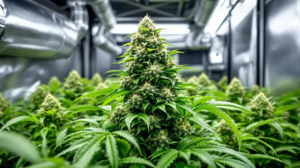 Indoor cannabis plant in flowering stage with dense buds and industrial ventilation system.