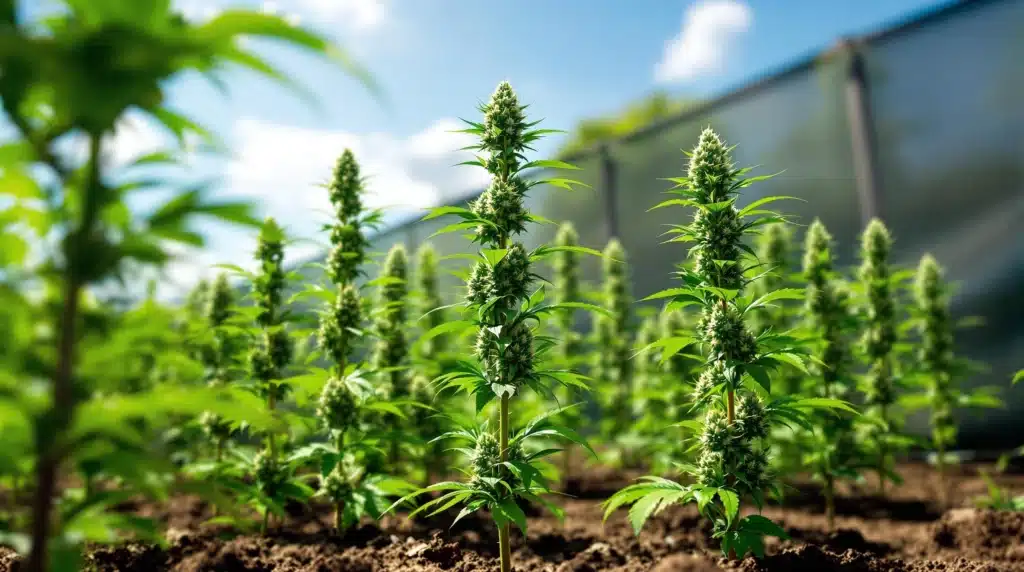 Cannabis plants growing outdoors under sunlight with a protective screen in the background.