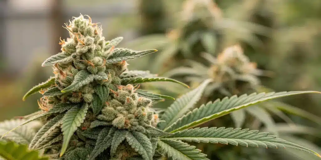 Close-up view of ACDC buds with frosty trichomes and subtle coloration indicating high CBD levels.