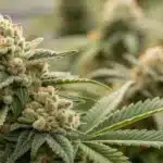 Close-up view of ACDC buds with frosty trichomes and subtle coloration indicating high CBD levels.