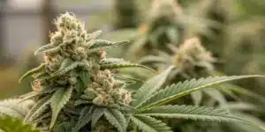 Close-up view of ACDC buds with frosty trichomes and subtle coloration indicating high CBD levels.