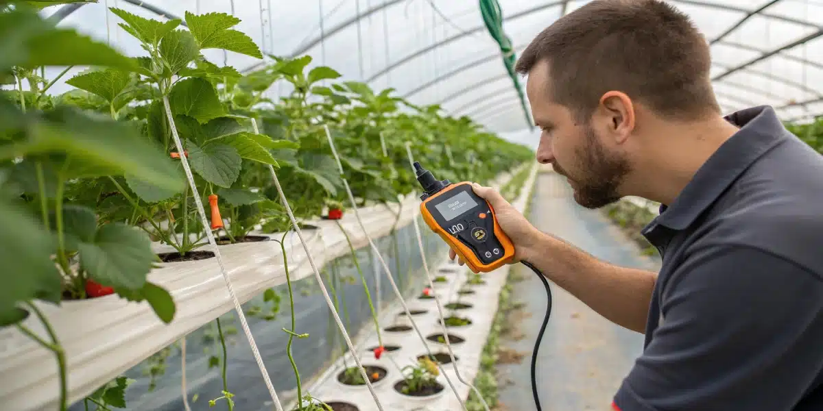 A grower monitoring ACDC strain plants in a hydroponic greenhouse using digital sensors
