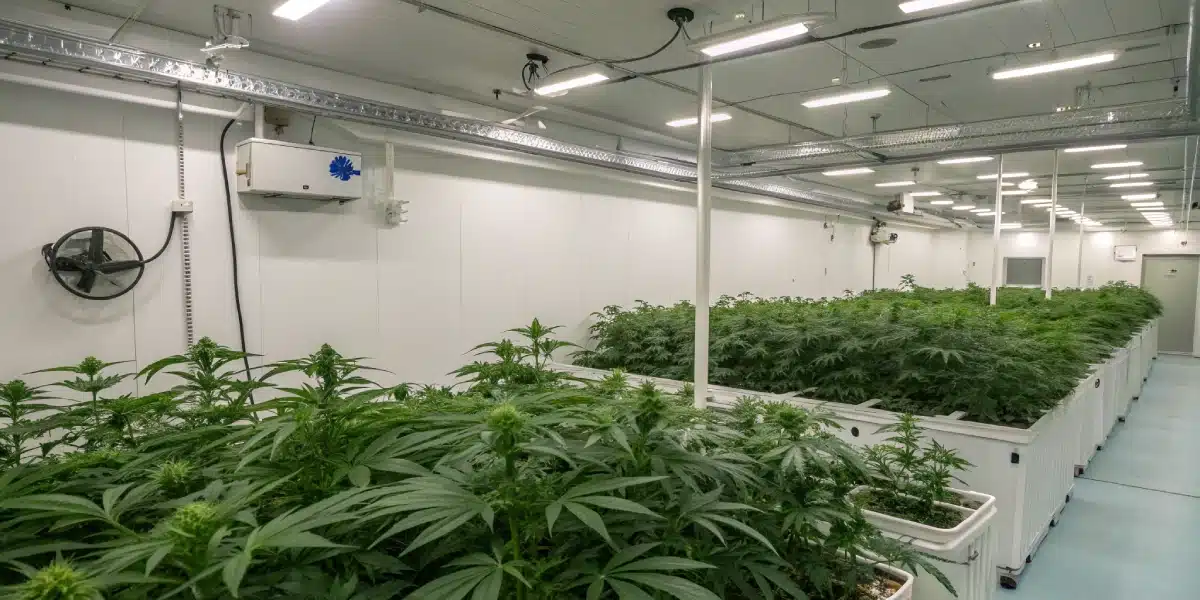 Indoor cannabis grow room filled with healthy ACDC strain plants in a hydroponic system