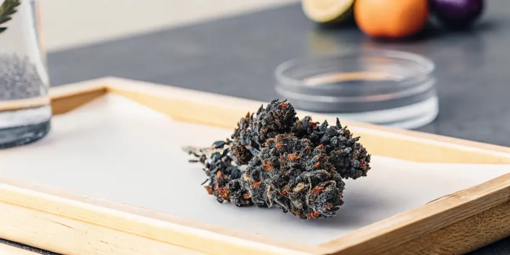 Frosted Black Cherry cannabis bud with deep purple hues and orange hairs on a wooden tray.