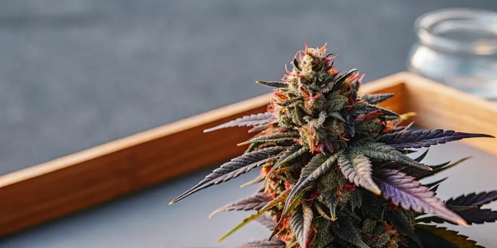 Mature Black Cherry Kush cannabis plant with purple leaves and orange pistils on a tray.