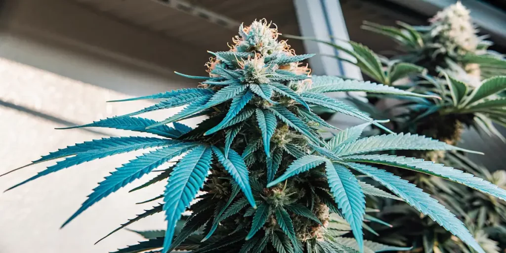Blue Dream cannabis plant with vibrant blue-green leaves under soft natural light inside a greenhouse.