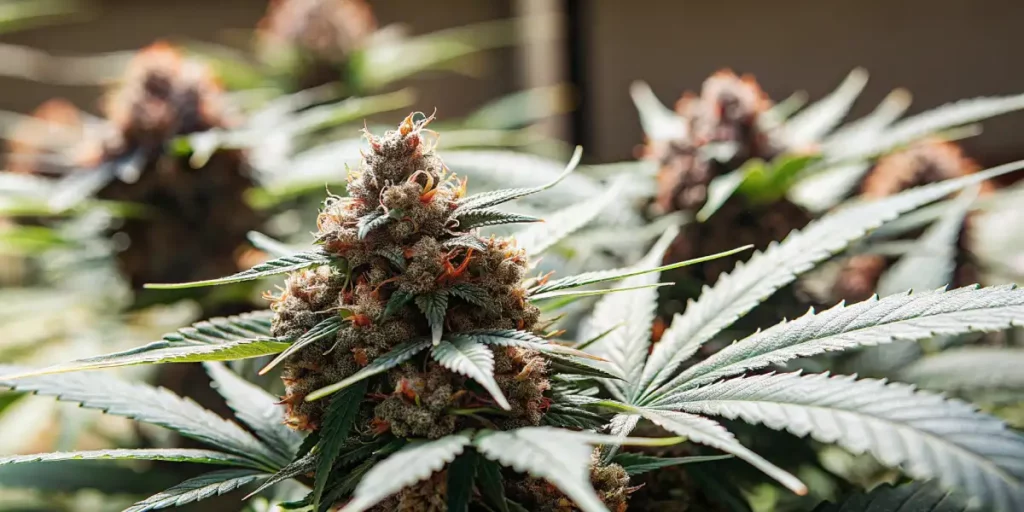 Bright cannabis buds with frosty trichomes and orange pistils illuminated by natural light.