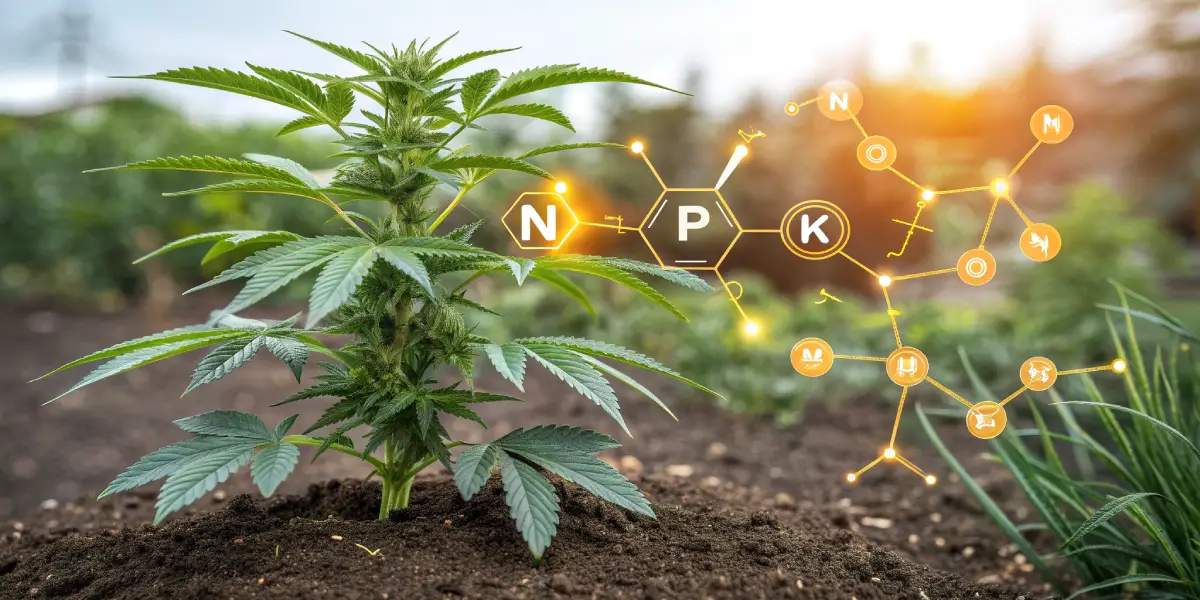 Hyper-realistic illustration of a cannabis plant with glowing "N," "P," "K" chemical structures, representing nutrient uptake in an outdoor setting.
