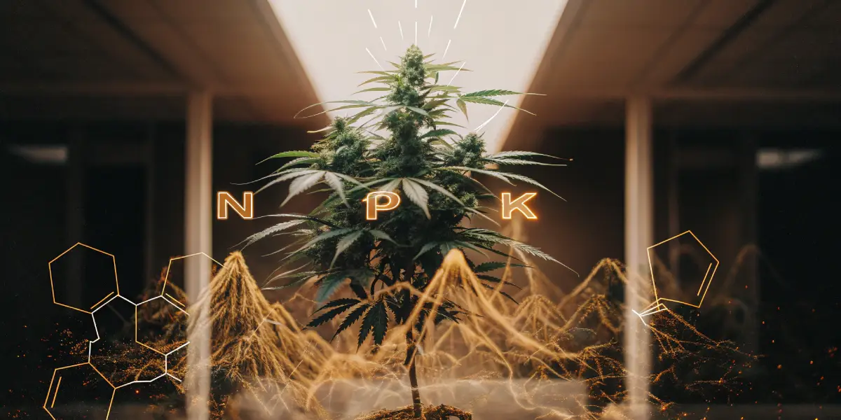 Hyper-realistic illustration of a cannabis plant with glowing "N," "P," "K" text, surrounded by golden energy streams and molecular structures.