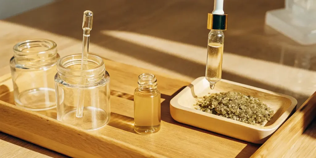 Hyper-realistic scene: dropper dispensing oil over green granular material in a wooden tray, with glass jars on a wooden surface.