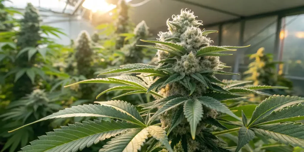 Indoor cannabis plant growing with vibrant leaves and frosty buds under soft lighting.