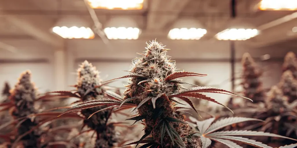 Cannabis plant with dense buds and glossy leaves growing in a greenhouse environment.