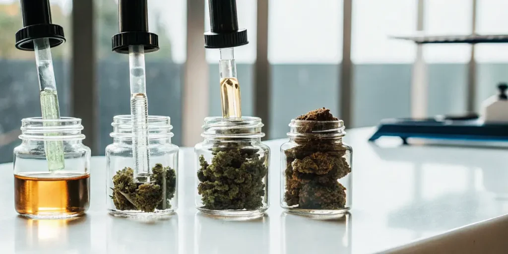 Hyper-realistic scene: four glass jars with dropper caps, containing cannabis buds and oil, on a white table.