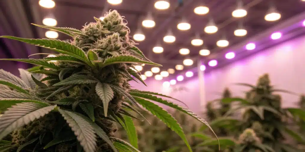 A close-up shot of dense, trichome-covered Chemdawg 4 buds under vibrant LED grow lights in an indoor setup.