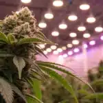 A close-up shot of dense, trichome-covered Chemdawg 4 buds under vibrant LED grow lights in an indoor setup.