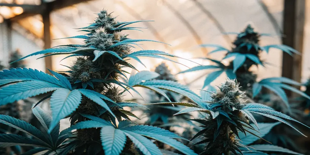 Hyper-realistic close-up of Chocolate Thai cannabis plants with prominent buds and blue-tinted leaves in a bright greenhouse.