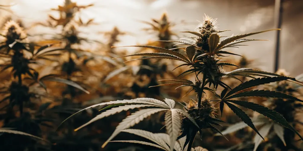 Hyper-realistic close-up of Chocolate Thai cannabis plants with dense buds, under warm indoor grow lights.