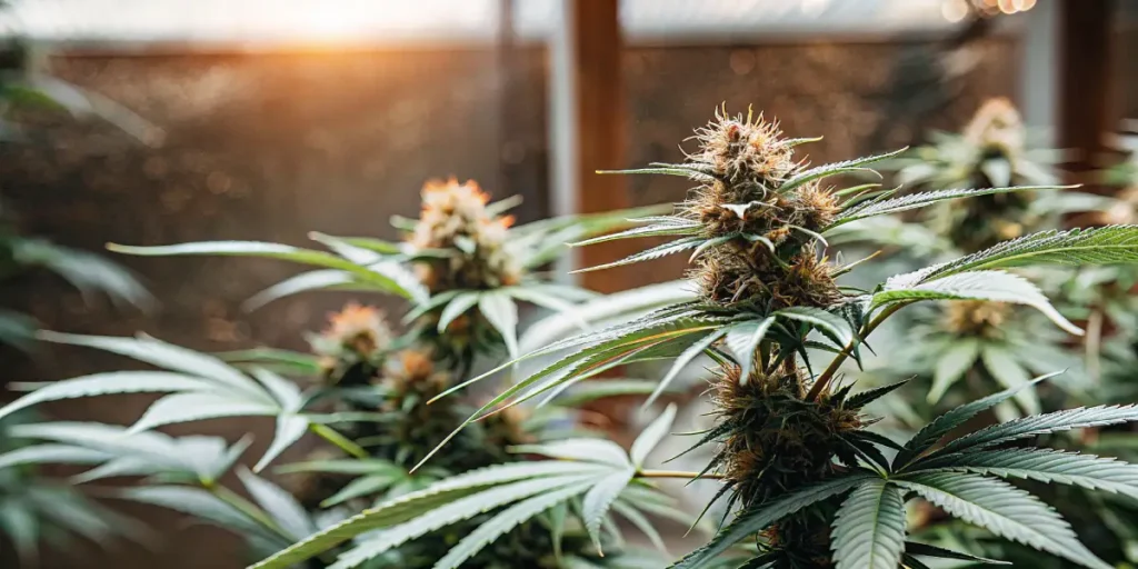 Hyper-realistic close-up of Chocolate Thai cannabis plants with dense buds and warm-toned leaves in a sunlit greenhouse.