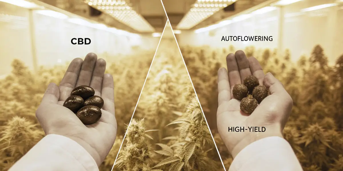 Hands holding dark seeds against two contrasting grow environments: a blue-lit "Autoflowering" scene with tall plants, and a warm-lit "CBD" scene with shorter, dense plants.