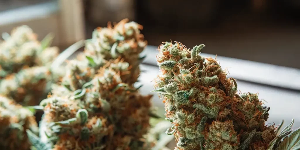 Cannabis buds densely packed with trichomes, bathed in natural light.