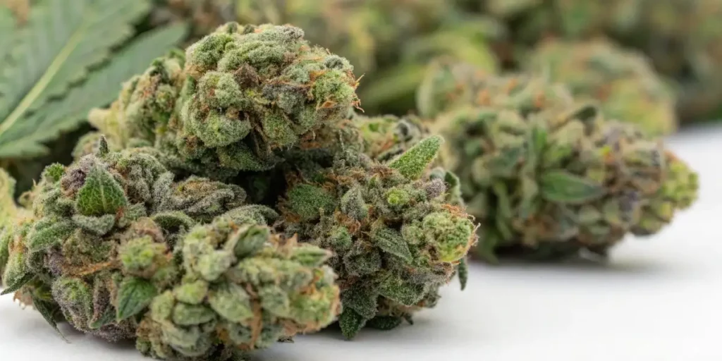 Close-up of frosted green cannabis buds with orange pistils and purple undertones.