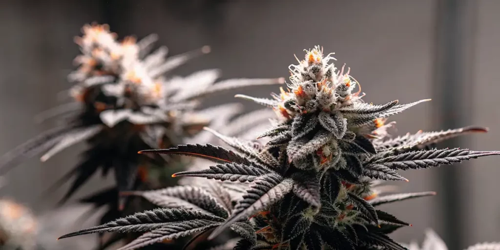 Frosty cannabis bud with orange hairs and green leaves in a vibrant natural environment.