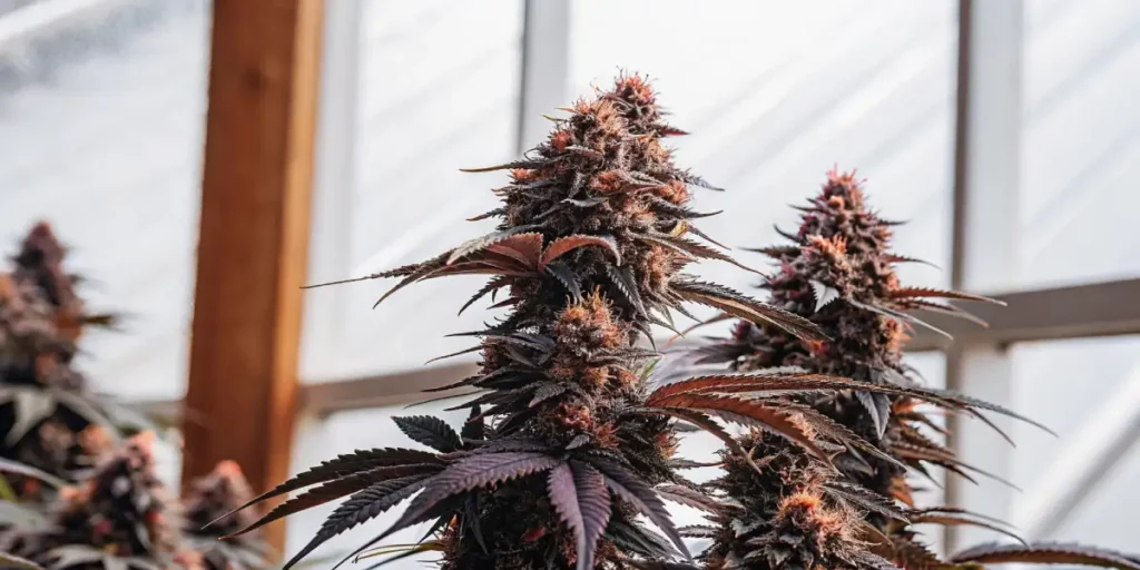 Tall Gelato x Purp plants growing in a bright greenhouse with purple-tinted buds and red hairs.