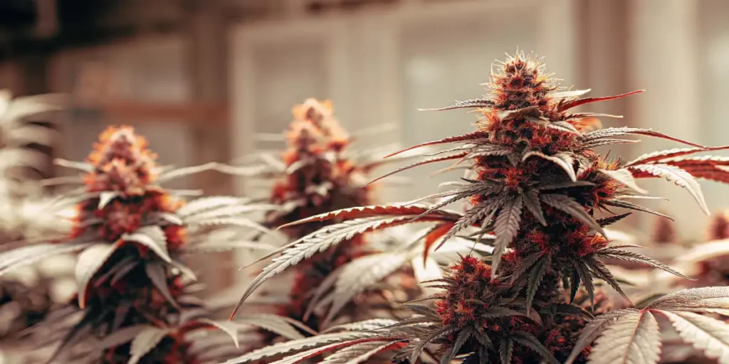 Dense Gelato x Purp indoor grow with red-orange pistils and frosty purple buds under warm lights.