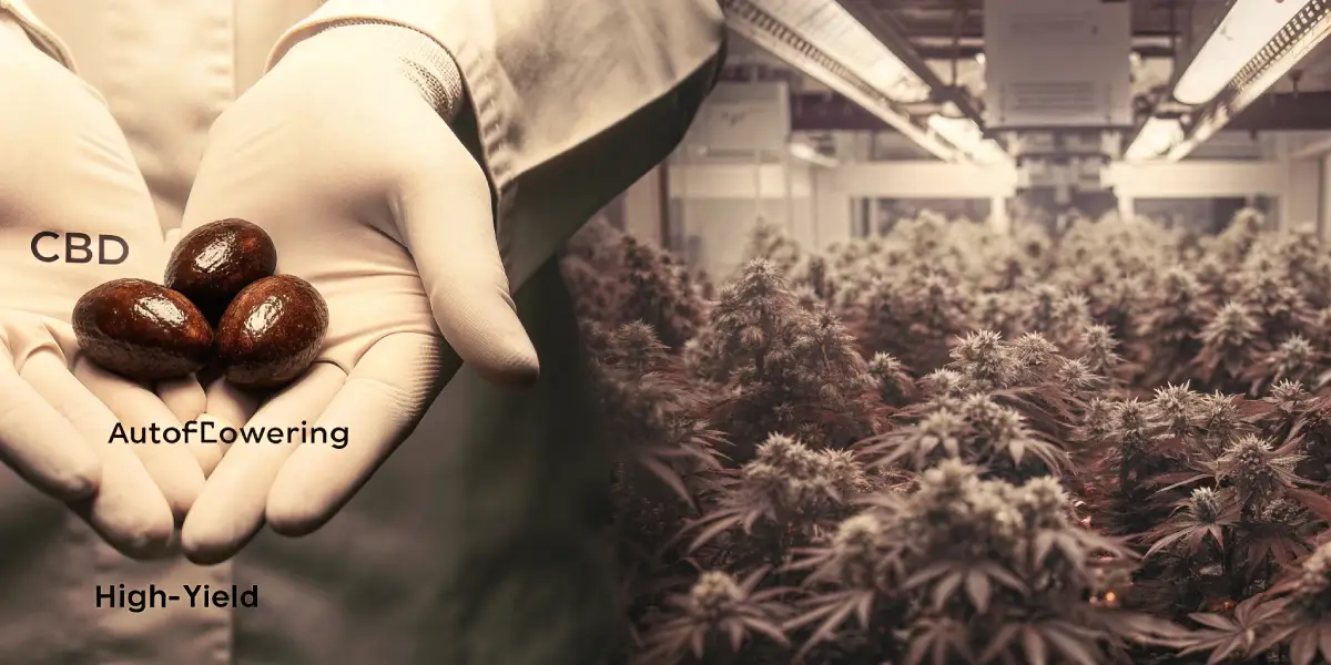 Hands holding a brown seed in two contrasting panels: one showing an empty "Autoflowering" grow space, the other a "High-Yield" space with mature plants under warm light.